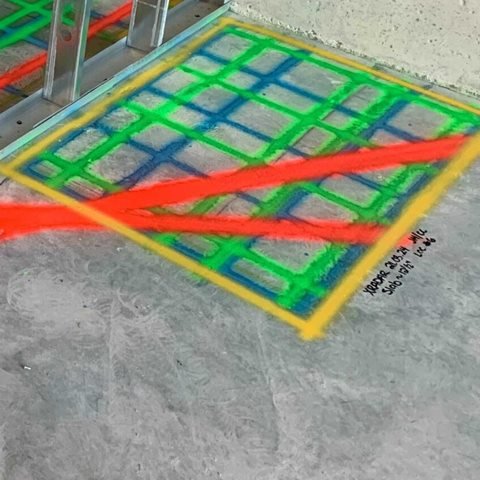 Close-up of a GPR scan grid crossed by red no-cut lines
